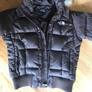 Brown puffy with faux fur hood